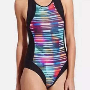 Athleta Streamline Rainbow Stripe Open Back One Piece Swimsuit
